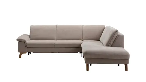 Ecksofa Tulsa KS - 2,5-Sitzer, Spitzecke und 1,5-Sitzer mit Anstellhocker aufklappbar rechts, inkl. Kopfstütze, AL verstellbar und Schlaffunktion, Stoff, Graubeige