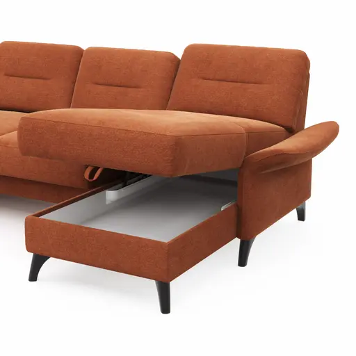 Wohnlandschaft Almyra - Ottomane links, 2,5-Sitzer inkl. Vorziehsitz (motorisch), Longchair rechts inkl. Bettkasten und Armlehne klappbar, Stoff, Kupfer