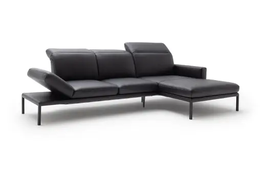 Ecksofa Noto - 2,5-Sitzer mit Longchair rechts inkl. Rückenlehne verstellbar, Leder, Schwarz