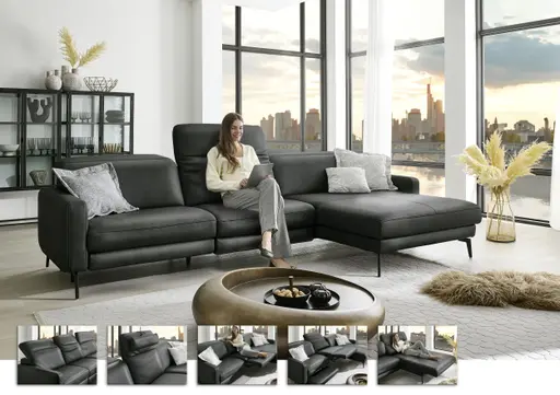 Ecksofa -3-Sitzer mit Longchair rechts, Kopfteil verstellbar, Leder, Anthrazit