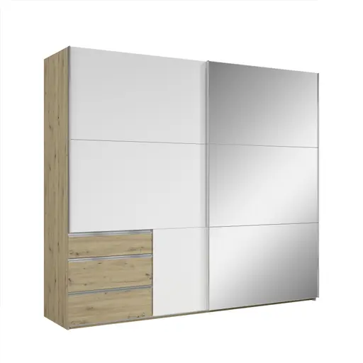Schwebetürenschrank- B ca. 250 cm, Eiche Dekor, Weiß, Spiegel