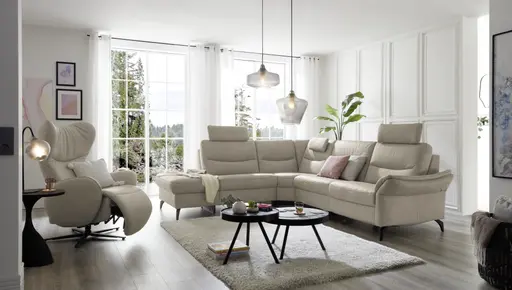 Ecksofa EM Amarante - mit Kopfstützen, Nackenkissen, Ecke links mit 3-Sitzer, Leder, beige