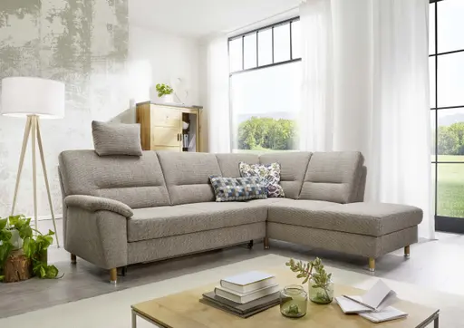 Ecksofa - 2,5 Sitzer mit Ecke rechts inkl. Kopfstütze verstellbar, Stoff, Braun