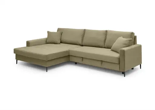 Ecksofa - Longchair links mit 3-Sitzer, Schlaffunktion mit Bettkasten, Stoff, Olive