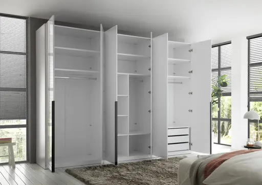 Drehtürenschrank- B ca. 300 cm, Weiß, Weiß Hochglanz