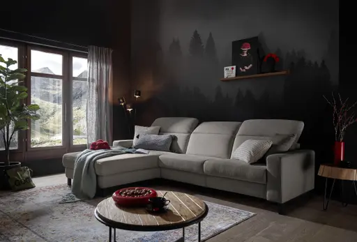 Ecksofa - CALM FLEX 2.0, Longchair links mit 3-Sitzer, Kopfteil verstellbar, Stoff, Grau