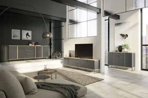 Sideboard - B ca. 135 cm, Anthrazit, Evoke Eiche Nachbildung