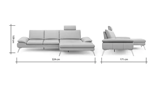 Ecksofa Collina - 2,5-Sitzer, Longchair rechts, inklusive Kopfstütze, Leder, Ecru