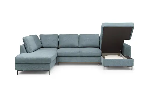 Wohnlandschaft - Ecke links mit 2-Sitzer und Longchair rechts, Stoff, Azur