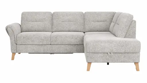 Ecksofa Almyra - 2,5-Sitzer mit Ottomane rechts, inkl. Schlaffunktion und Bettkasten, Stoff, Silbergrau