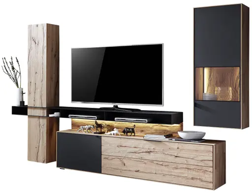 Wohnwand - mit Beleuchtung, Riffbuche massiv, Mattglas, Anthrazit