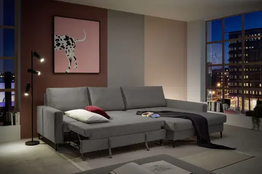 Ecksofa - 3-Sitzer mit Longchair rechts, Schlaffunktion mit Bettkasten, Stoff, Grau