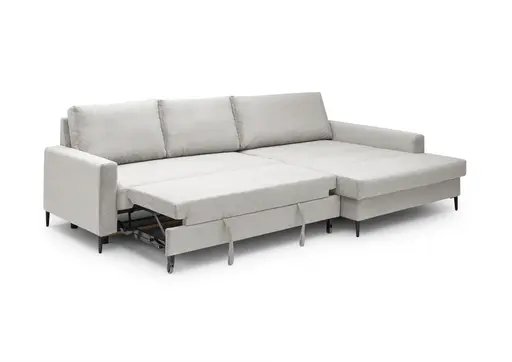 Ecksofa - 3-Sitzer mit Longchair rechts, Schlaffunktion mit Bettkasten, Stoff, Creme