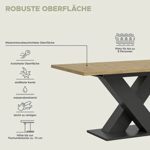 Esstisch - ausziehbar, LB ca. 150x90 cm, Artisan Eiche Nachbildung, Grau