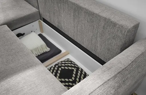 Ecksofa - Longchair links mit 2-Sitzer, Schlaffunktion mit Bettkasten, Stoff, Steingrau