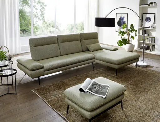 Ecksofa - 2,5-Sitzer mit Longchair rechts, Kopfteil/Sitztiefe verstellbar (manuell), Flachgewebe, Olive 