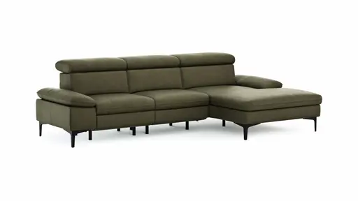Ecksofa Felipa - 2,5-Sitzer mit Longchair rechts inkl. Armlehne verstellbar und Rückenlehne/Sitztiefe verstellbar (motorisch), Leder, Olive