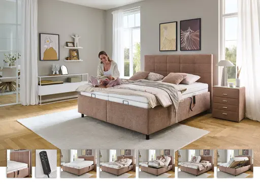 Polsterbett - Liegefläche ca. 180x200 cm, Lattenrahmen motorisch, Stoff, Rose