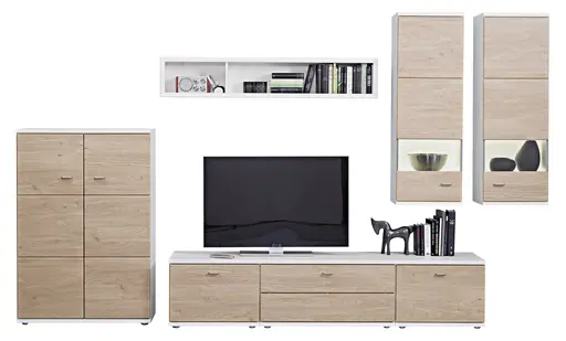 Wohnwand EM Multiplan - mit Beleuchtung, Wildeiche Dekor