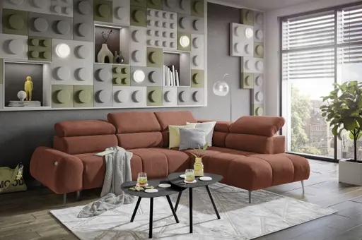 Ecksofa - 2-Sitzer mit Ecke rechts, Sitzvorzug motorisch, Kopfteil verstellbar, Stoff, Terracotta