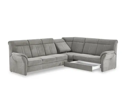 Ecksofa - 3-Sitzer mit Ecke rechts, Schlaffunktion mit Bettkasten, Stoff, Grau