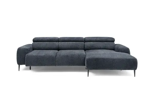 Ecksofa - 2-Sitzer mit Longchair rechts, Sitzvorzug motorisch, Kopfteil verstellbar, Stoff, Blau