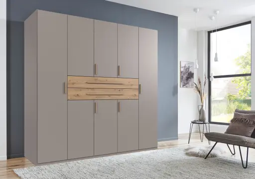 Drehtürenschrank- B ca. 225 cm, Saharagrau, Eiche Dekor