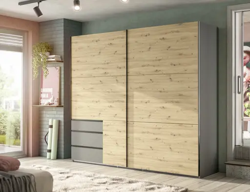 Schwebetürenschrank- B ca. 250 cm, Graphit, Eiche Dekor