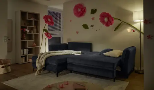 Ecksofa - Longchair links mit 2-Sitzer, Schlaffunktion mit Bettkasten, Stoff, Schwarz