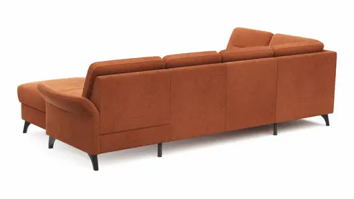 Wohnlandschaft Almyra - Ottomane links, 2,5-Sitzer inkl. Vorziehsitz (motorisch), Longchair rechts inkl. Bettkasten und Armlehne klappbar, Stoff, Kupfer