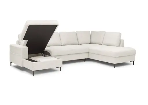 Wohnlandschaft - Longchair links mit 2-Sitzer und Ecke rechts, Stoff, Creme