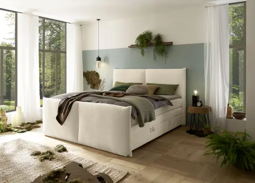 Boxspringbett SANDRIN L- Liegefläche ca. 180x200 cm, Stoff, Creme, inkl. Stauraum, und Fußteil
