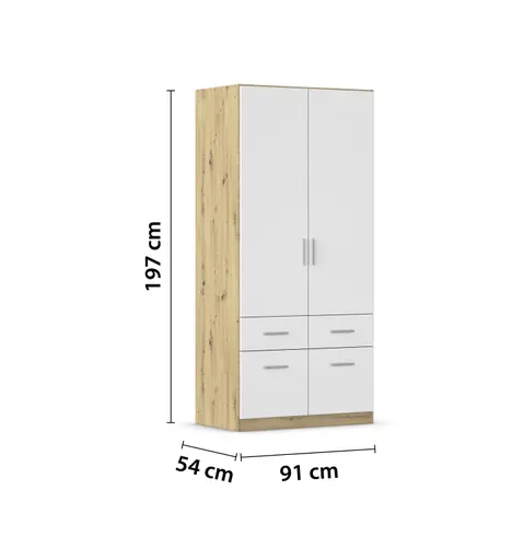 Drehtürenschrank REXY MATT- B 91 cm, Eiche Dekor, Weiß