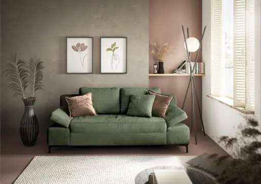 Sofa JEREMO - 2-Sitzer inkl. Schlaffunktion und Armlehnen verstellbar, Stoff, Dunkelgrün