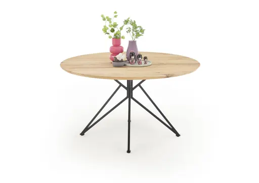 Esstisch - Ø/H ca. 140x75 cm, Zerreiche massiv geölt, Schweizer Kante, Schwarz