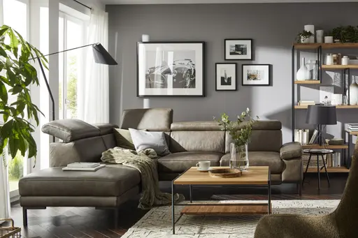 Ecksofa Hudson - Ecke links mit 2,5-Sitzer inkl. Kopfteil/Armlehne verstellbar und Sitzvorzug/Relaxfunktion (motorisch), Leder, Braungrün