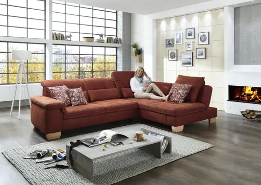 Ecksofa - 3-Sitzer mit Longchair rechts, inkl. Kopfteil/Armlehne verstellbar, Stoff, Rubin