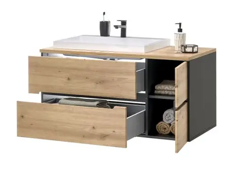 Waschbeckenunterschrank- B ca. 110 cm, Dunkelgrau, Eiche Dekor