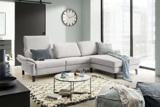 Ecksofa - 3-Sitzer mit Longchair rechts, Relaxfunktion motorisch, Stoff, Hellgrau
