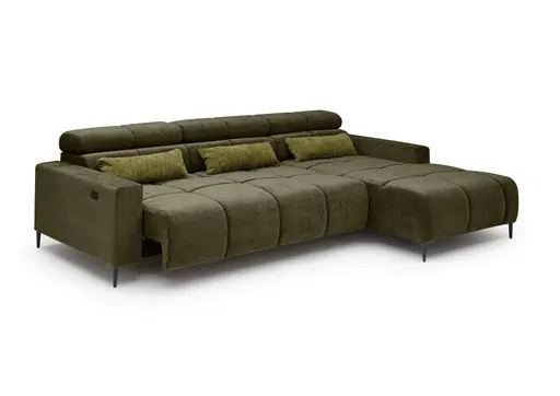 Ecksofa - 2-Sitzer mit Longchair rechts, Sitztiefe verstellbar motorisch/Kopfteil verstellbar, Stoff, Dunkelgrün