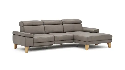 Ecksofa Hudson - 2,5-Sitzer mit Longchair rechts, inkl. Kopfteil/Armlehne verstellbar und Relaxfunktion (motorisch), Stoff, Steingrau