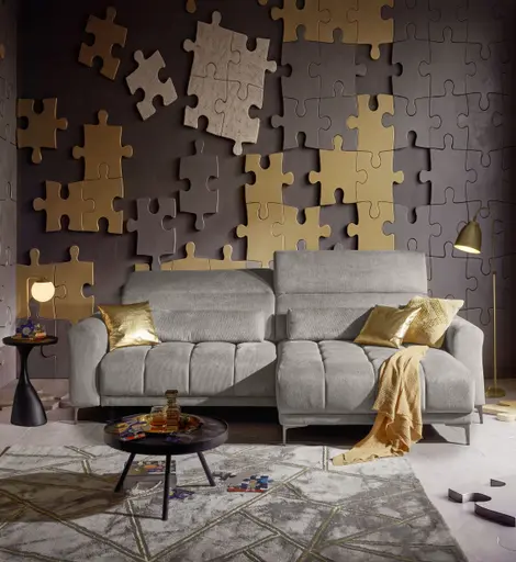 Ecksofa MINAO - 1,5-Sitzer mit Longchair rechts, Sitztiefe verstellbar motorisch, Kopfteil verstellbar, Stoff, Truffle