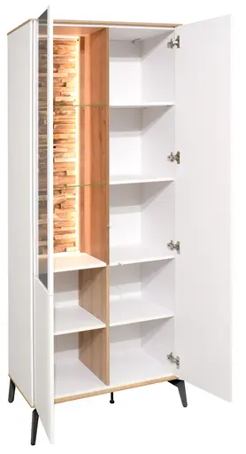 Vitrine - mit Beleuchtung, B ca. 81 cm, Weiß, Asteiche, Schwarz