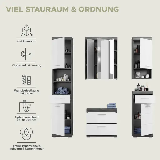 Badblock - 5-teilig, Rauchsilber, Weiß Hochglanz