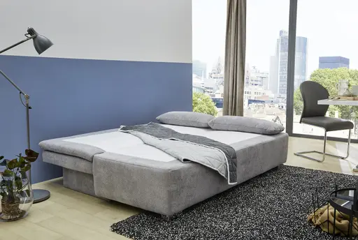 Schlafsofa - 2-Sitzer inkl. Schlaffunktion mit Bettkasten (manuell), 2 Rückenkissen, 2 Armlehnkissen, Stoff Hellgrau