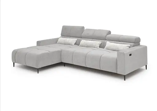 Ecksofa - Longchair links mit 2-Sizer, Sitztiefe verstellbar motorisch/Kopfteil verstellbar, Stoff, Silbergrau