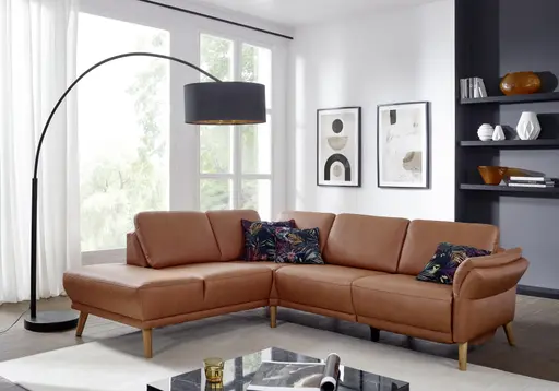 Ecksofa - Ecke links mit 2-Sitzer, Rückenlehne/Armlehne verstellbar, Stoff, Cognac