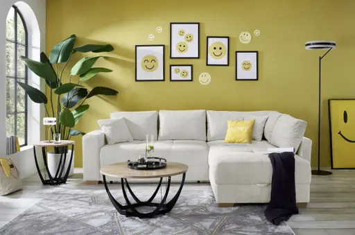 Ecksofa Jyte - 2-Sitzer mit Ecke rechts, Schlaffunktion mit Bettkasten, Stoff, Beige