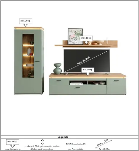 Wohnwand - mit Beleuchtung und Fernbedienung, Salbeigrün, Eiche Evoke Nachbildung