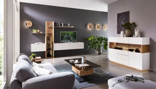 Highboard - mit Beleuchtung, Kerneiche Umato massiv, Birke Weiß lackiert